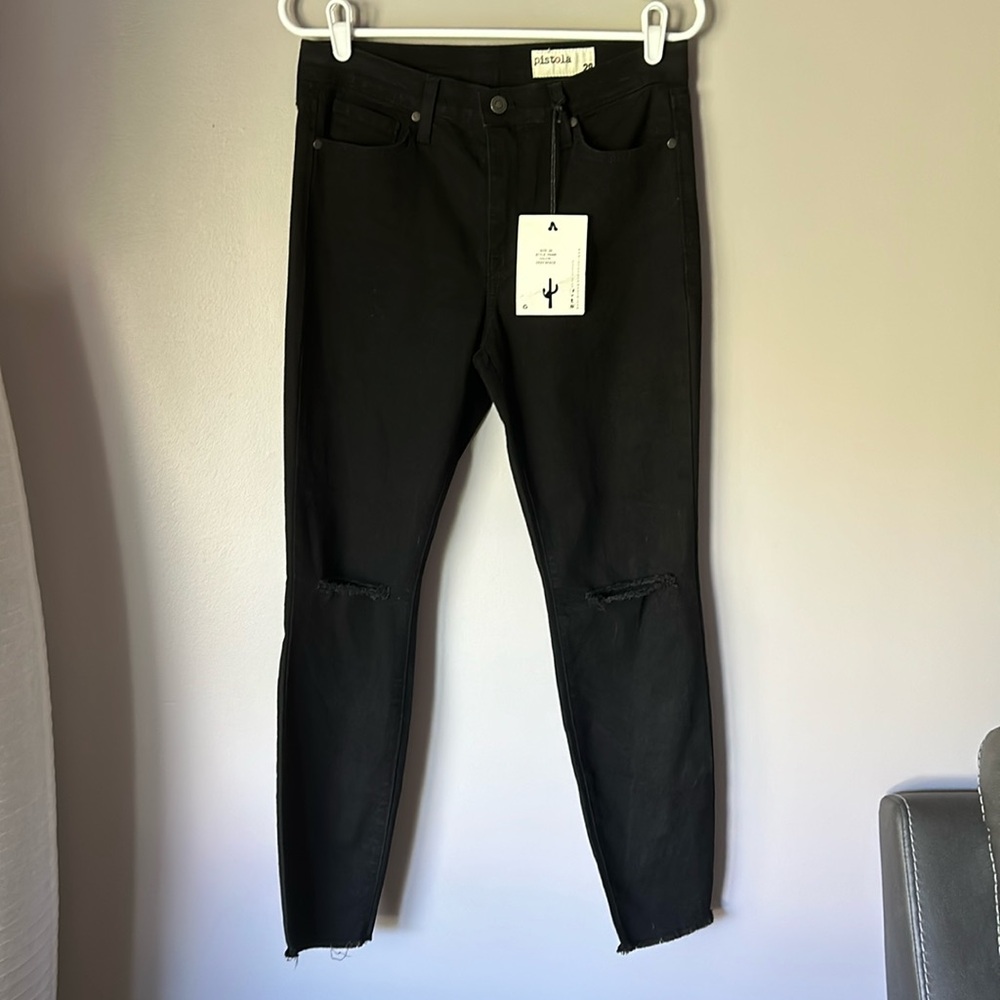 NWT PISTOLA Women’s Black Denim Raw Hem Cut Knee Jeans